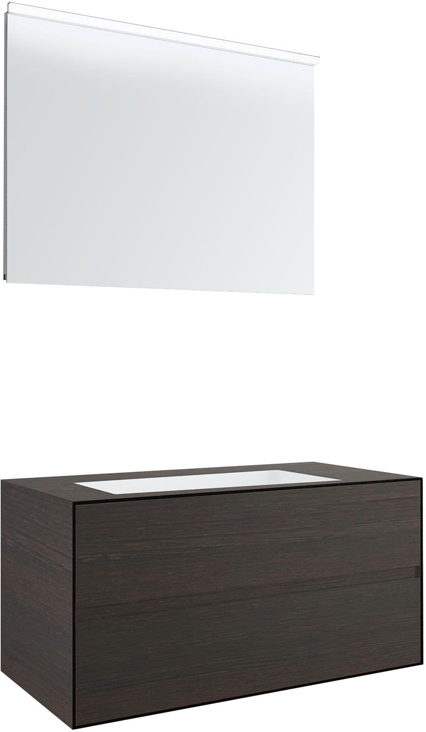 MEUBLE 2 TIROIRS+ LAVABO SOUS ENCASTRER CENTRAL TENSO 90CM SANS TROU ROBINET WENGE AVEC MIROIR