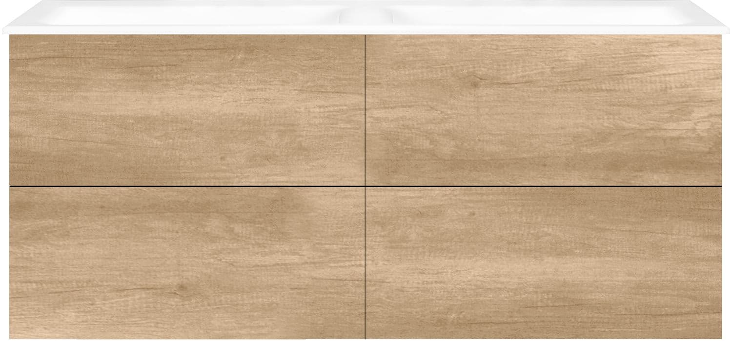 SOUS MEUBLE COFFEE 4 TIROIRS 140 DUO CHENE DECOR CACHMIRE+DOUBLE LAV.PORCEL.SNS TROU ROBINET BLANC