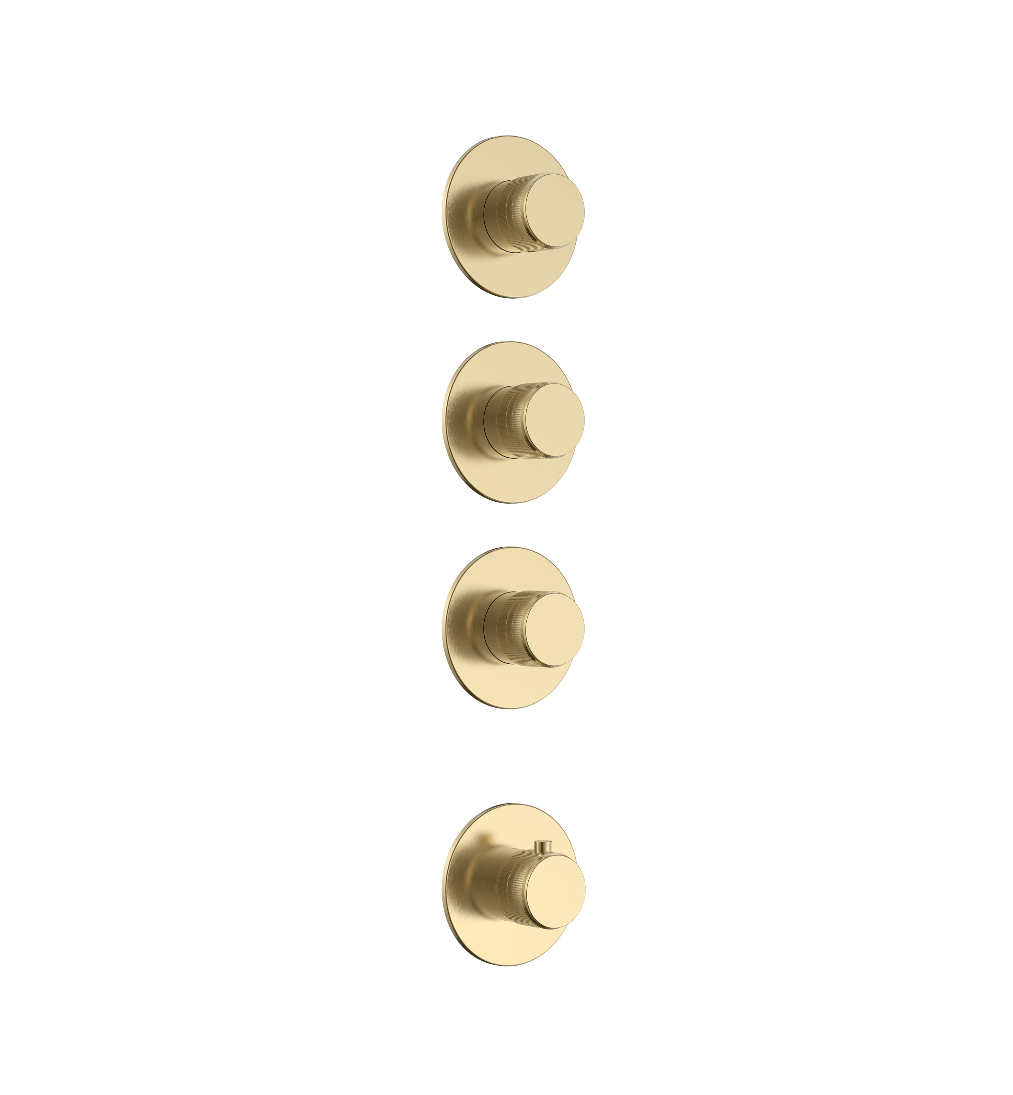 STRIA ÉLÉMENT DE FINITION POUR MITIGEUR DE DOUCHE – 3 VOIES AVEC 3 ROBINETS D’ARRÊT – THERMOSTATIQUE – ENCASTRÉ – RONDE – BOUTONS S AVEC STRUCTURE STRIÉE RAFFINÉE – OR BROSSÉ (PVD)
