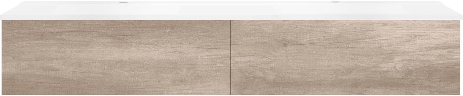 SOUS MEUBLE COFFEE 2 TIROIRS 180 DUO CHENE DECOR FLANELLE +DOUBLE LAVABO BLANC MAT