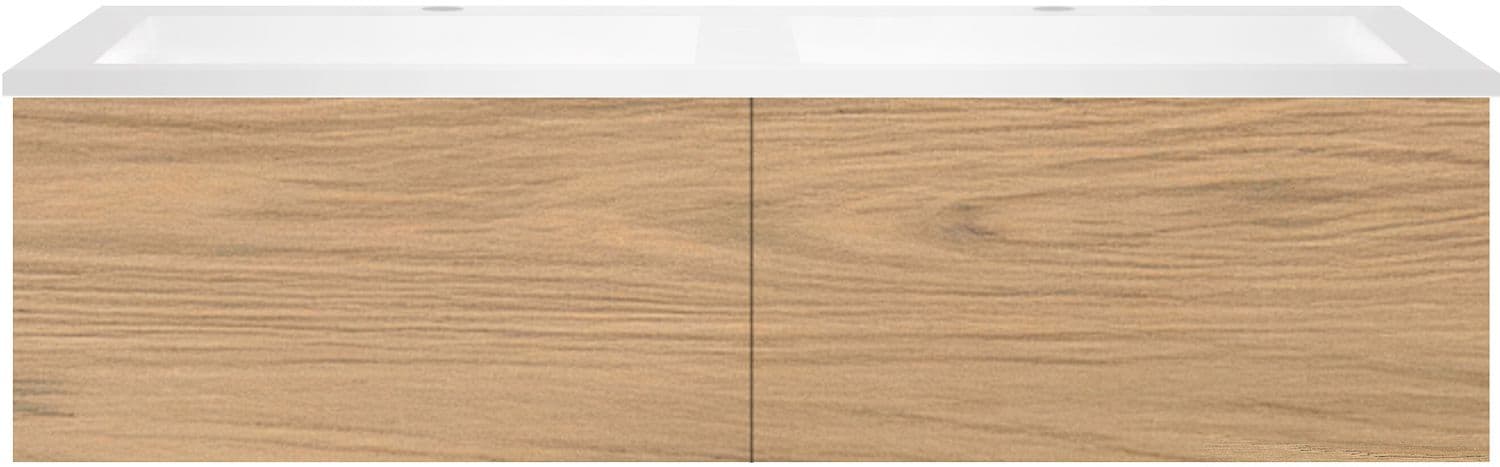 SOUS MEUBLE COFFEE 2 TIROIRS 120 CHENE CLASSIQUE +DOUBLE LAVABO EN MARBRE SYNTHETIQUE BLANC MAT