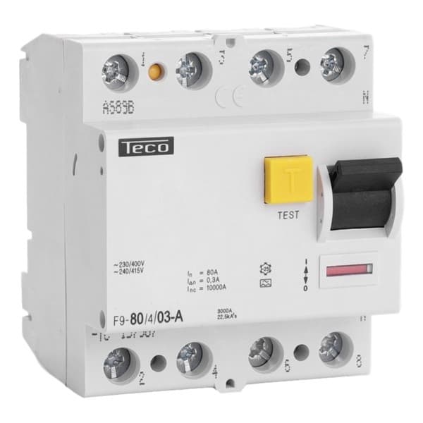 Interrupteur différentiel 4 pôles 80A 300mA type A pouvoir de coupure 10kA
