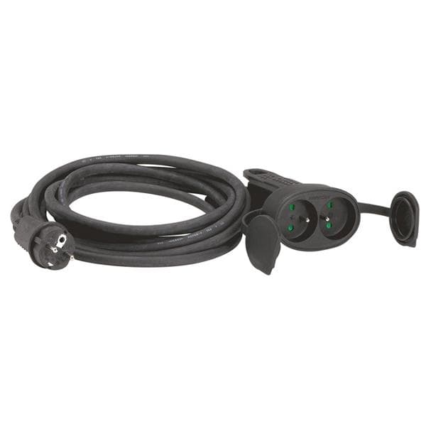 Cordon double prolongueur 5m 2 pôles + T - 16A - IP44 - IK08 - Noir