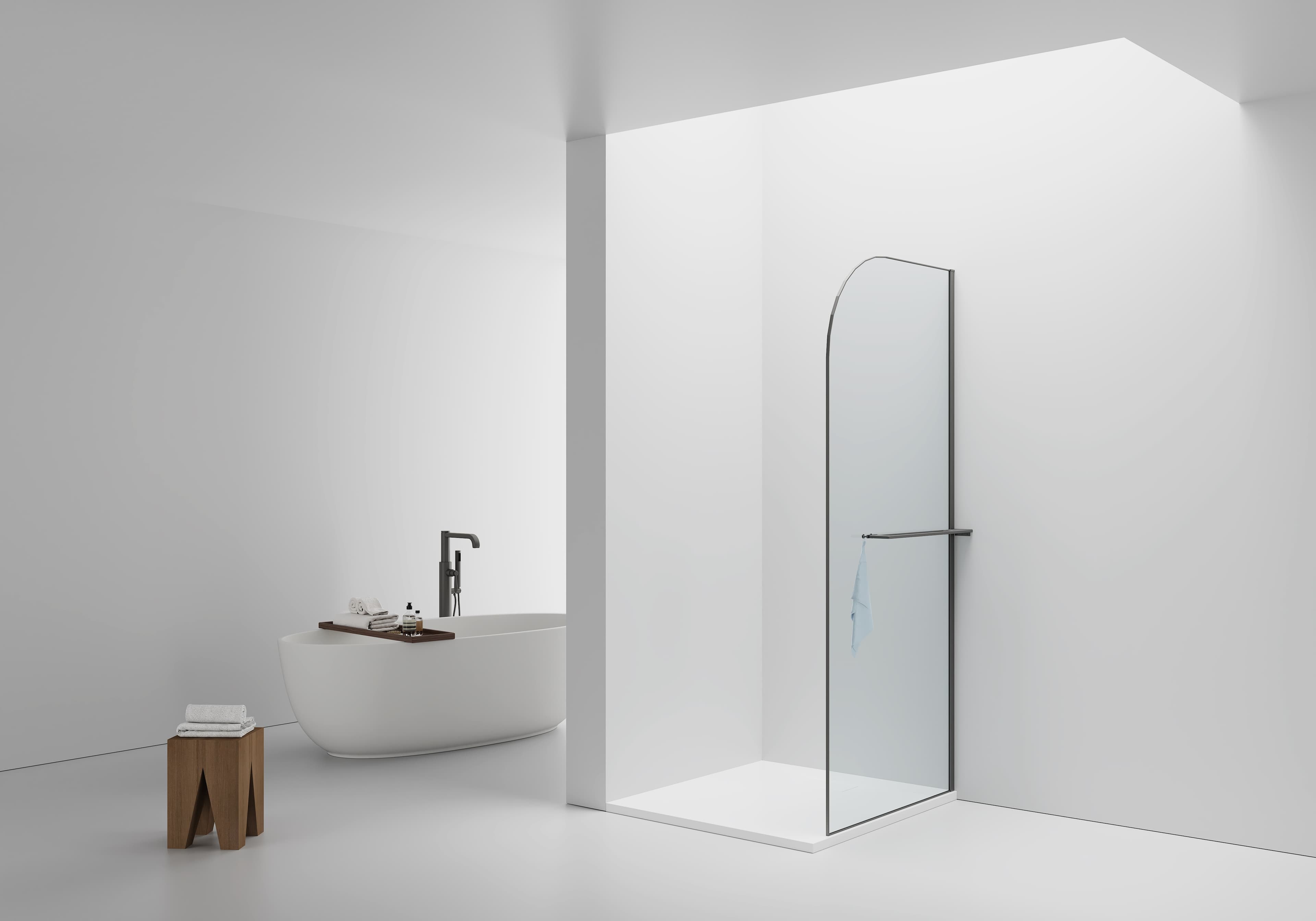 CURVY DOUCHE À L'ITALIENNE AVEC PORTE-SERVIETTE - COURBÉE - TRAITEMENT ANTI-CALCAIRE - RÉVERSIBLE - VERRE DE SÉCURITÉ 8MM - 100X200CM - GUNMETAL - VERRE CLAIR