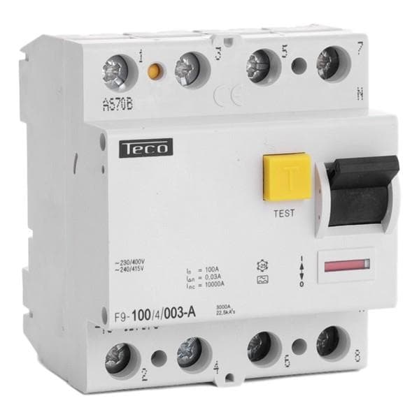 Interrupteur différentiel 4 pôles 100A 100mA type A pouvoir de coupure 10kA