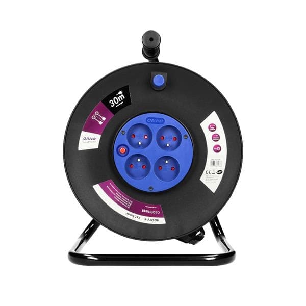 Enrouleur de câble avec 4 prises, 30m PVC, H05VV-F 3 x 1.5mm² - 30m, avec un support en métal