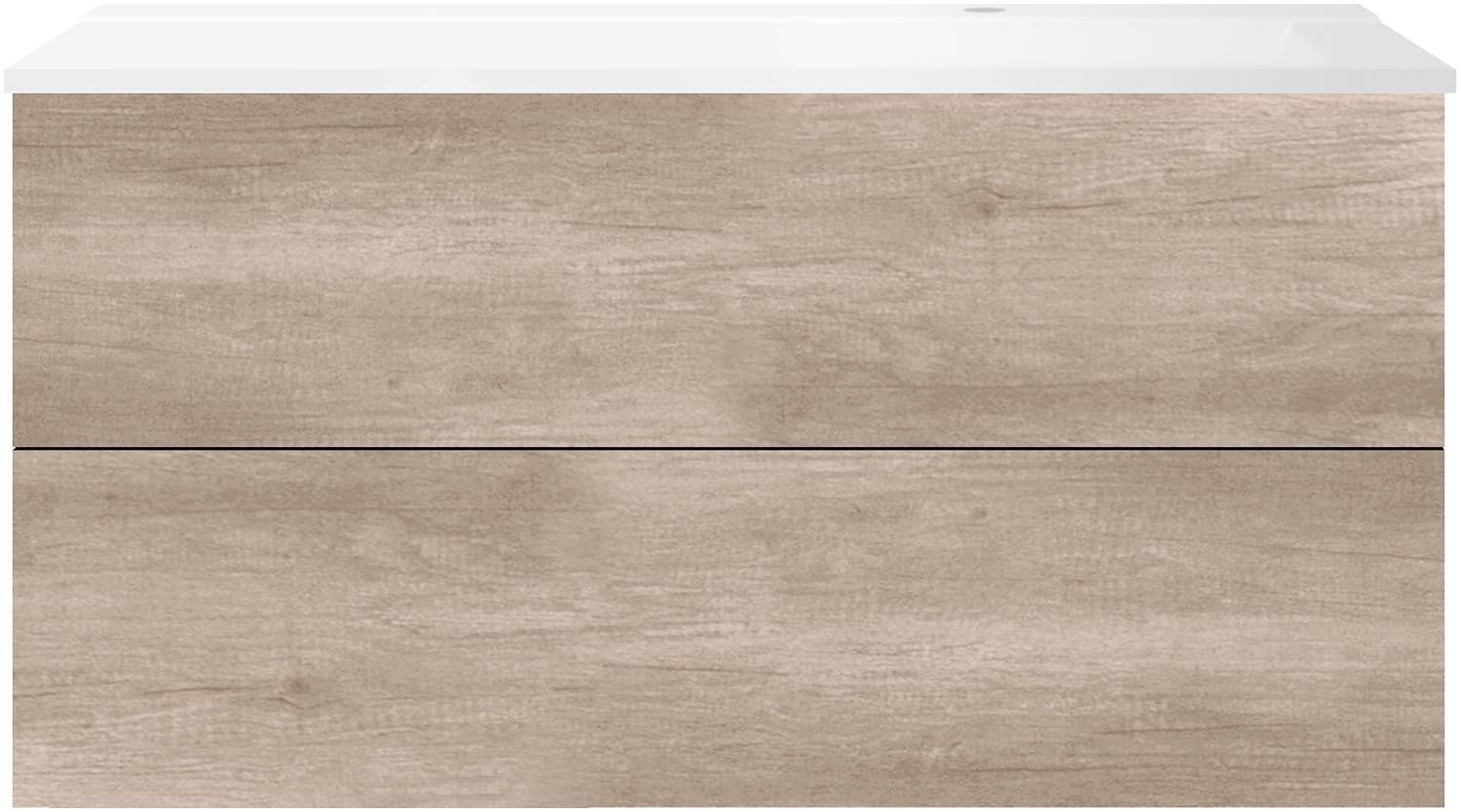 SOUS MEUBLE COFFEE 2 TIROIRS 120 CHENE DECOR FLANELLE+LAVABO DROITE BLANC
