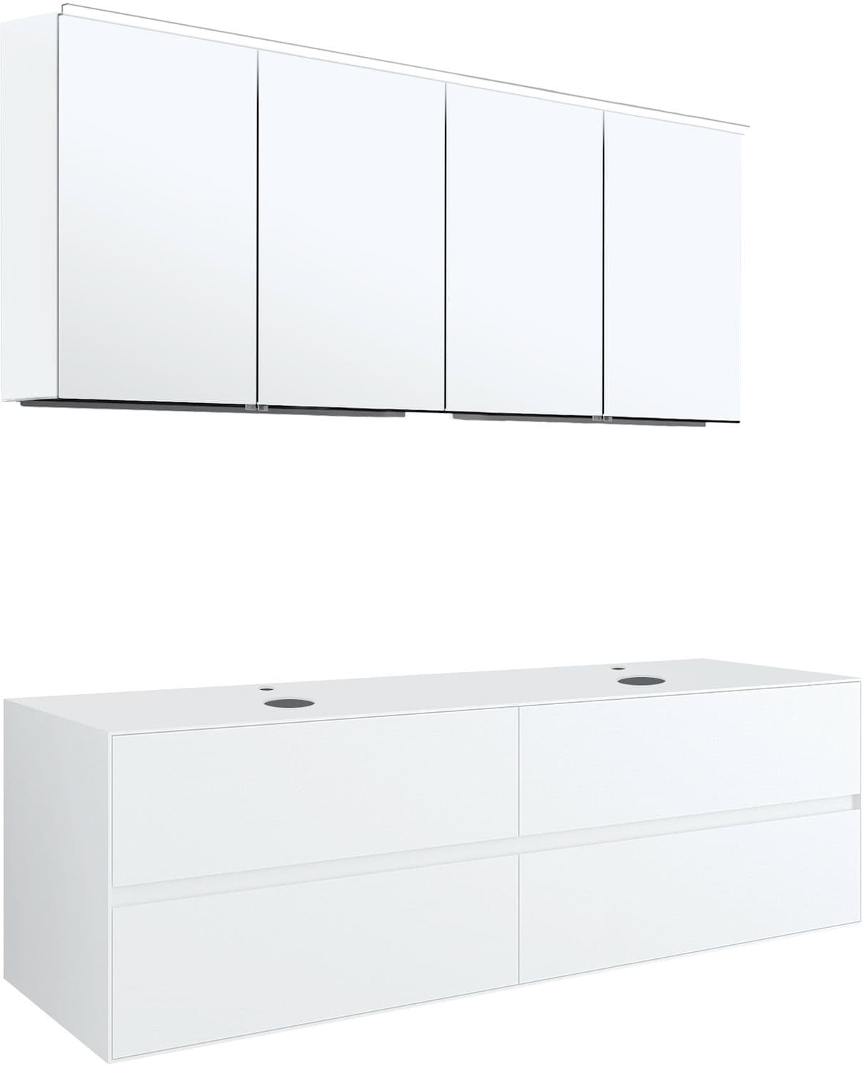 MEUBLE 4 TIROIRS+ TABLET POUR 2 LAVABOS A POSER TENSO 160CM +TROUS ROBINETS BLANC AVEC ARMOIRE TOILETTE