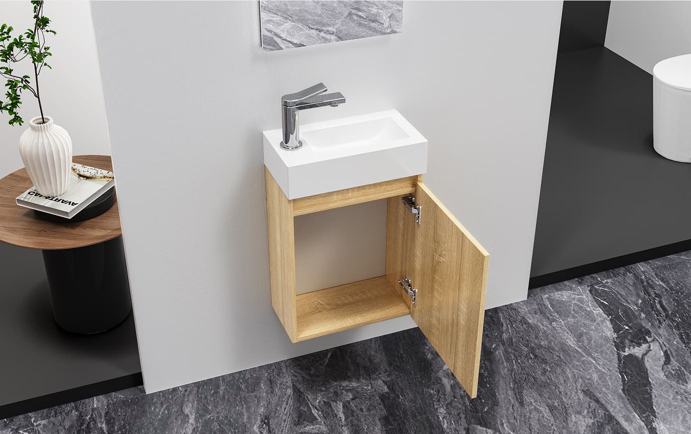 ALONI ZYRO ENSEMBLE DE MEUBLE DE TOILETTE - COMPLÈT - MEUBLE SOUS-VASQUE AVEC 1 PORTE - SANS POIGNÉE - SOFT CLOSE - RÉVERSIBLE - MIROIR - LAVE MAINS - 40,5X22,5 CM - CHÊNE CLAIR/BLANC BRILLANT