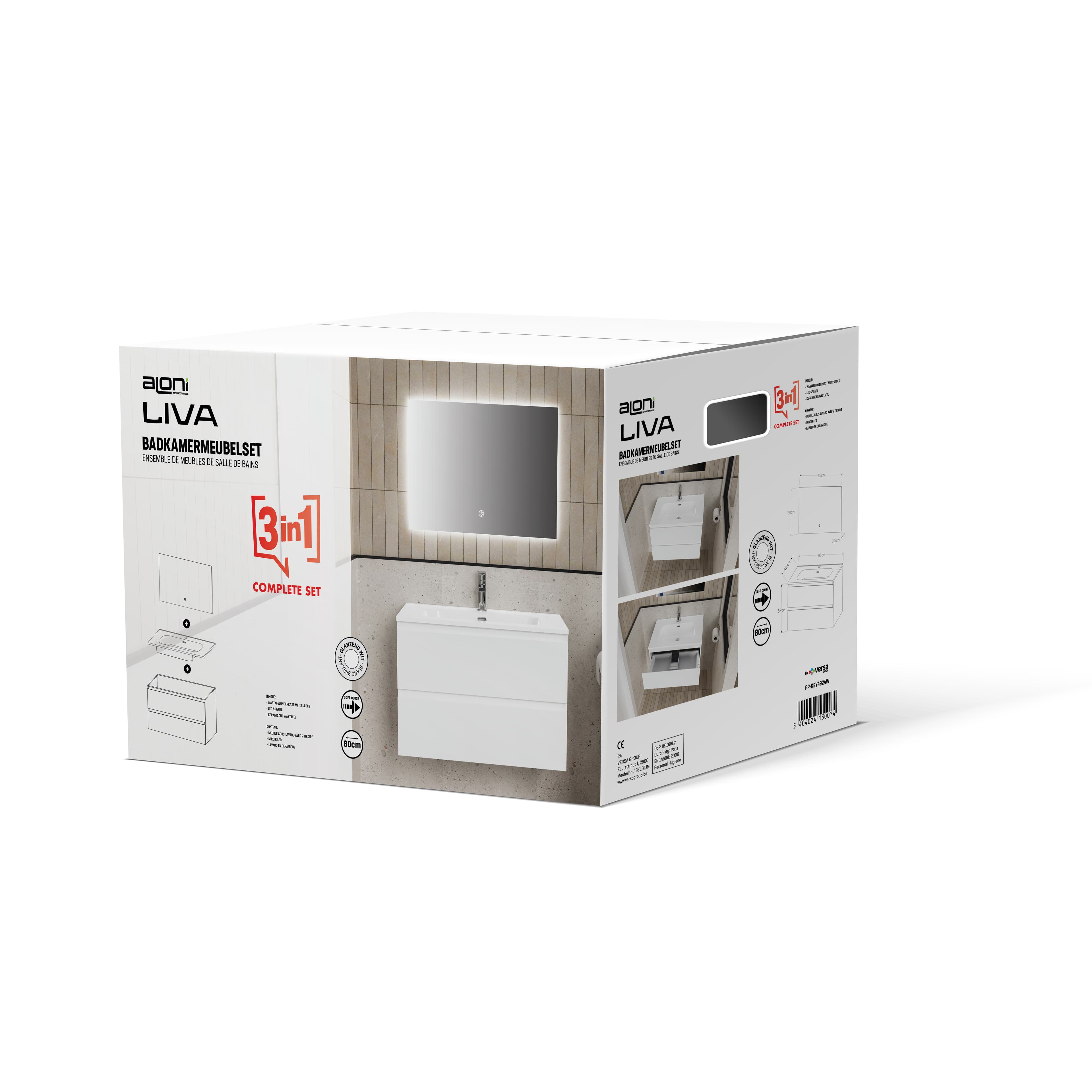 ALONI LIVA ENSEMBLE DE MEUBLE DE SALLE DE BAIN COMPLET – AVEC MEUBLE SOUS-VASQUE – AVEC VASQUE – AVEC MIROIR LED – 80 CM – BLANC BRILLANT