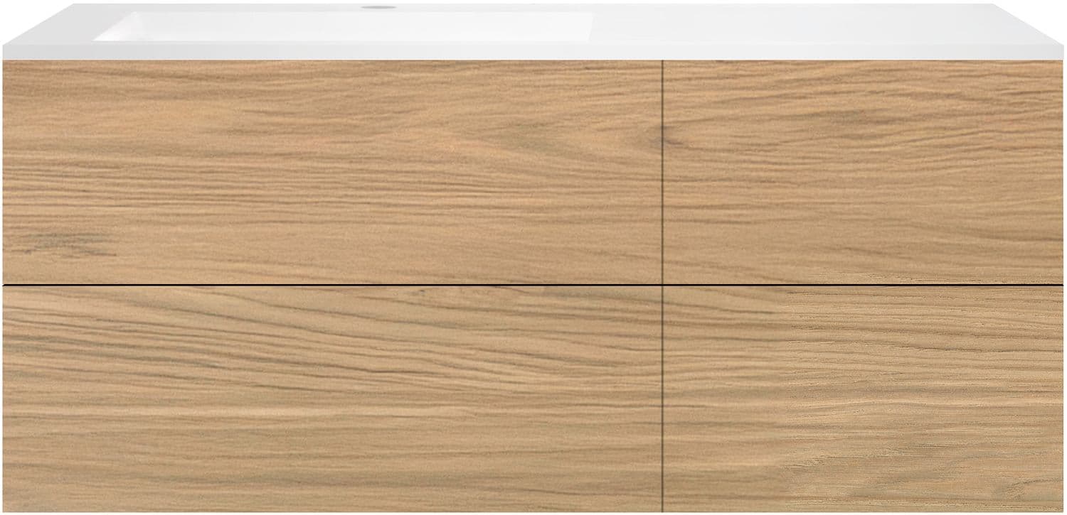 SOUS MEUBLE COFFEE 4 TIROIRS 140 CHENE CLASSIQUE +LAVABO GAUCHE EN MARBRE SYNTHETIQUE BLANC
