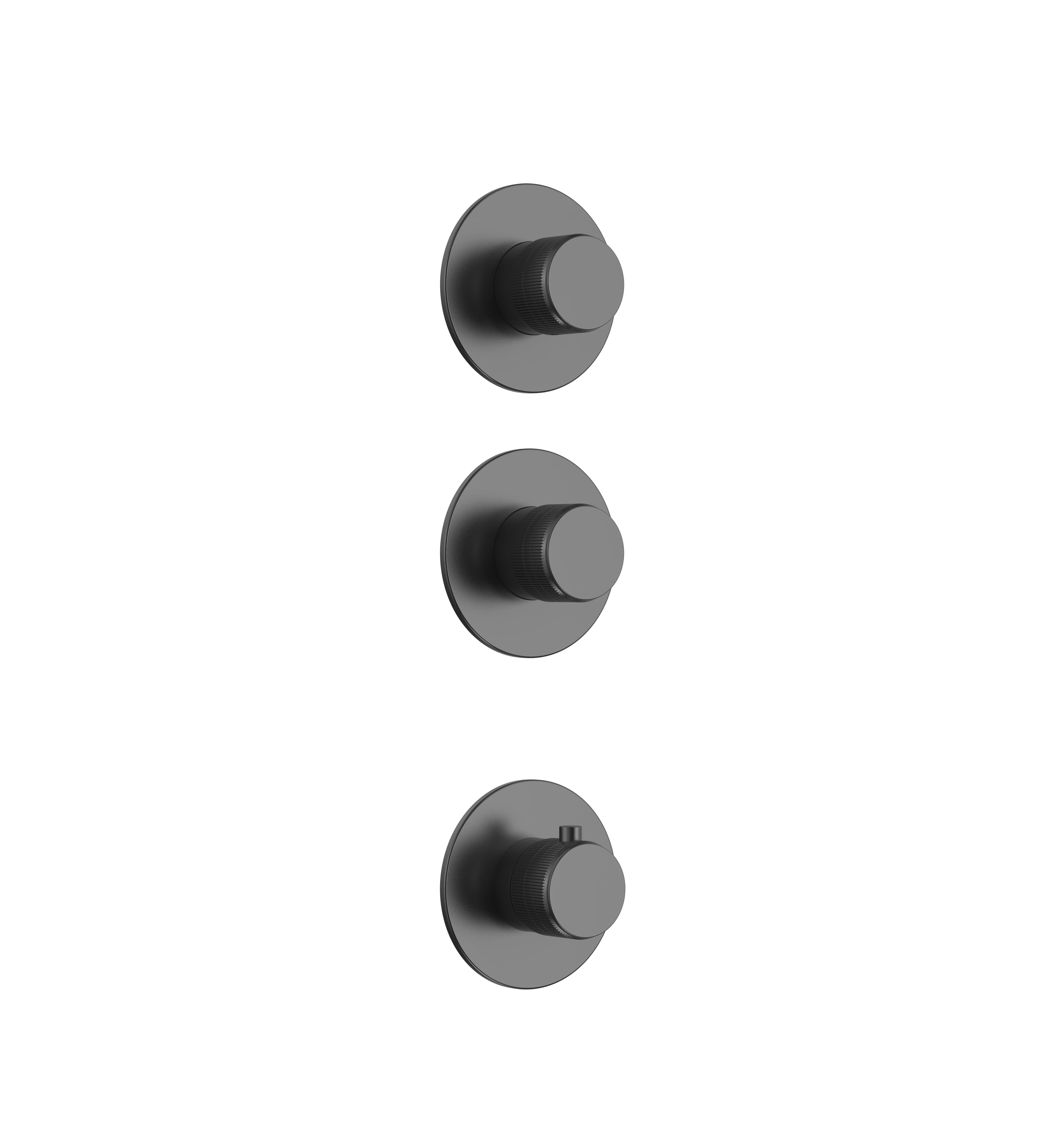 STRIA ÉLÉMENT DE FINITION POUR MITIGEUR DE DOUCHE – 2 VOIES AVEC 2 ROBINETS D’ARRÊT – THERMOSTATIQUE – ENCASTRÉ – RONDE – BOUTONS S AVEC STRUCTURE STRIÉE RAFFINÉE – GUNMETAL (PVD)