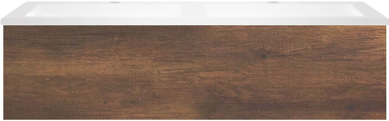SOUS MEUBLE COFFEE 1 TIROIR 120 DUO CHENE ROUILLE + LAVABO DOUBLE EN MARBRE SYNTHETIQUE BLANC MAT