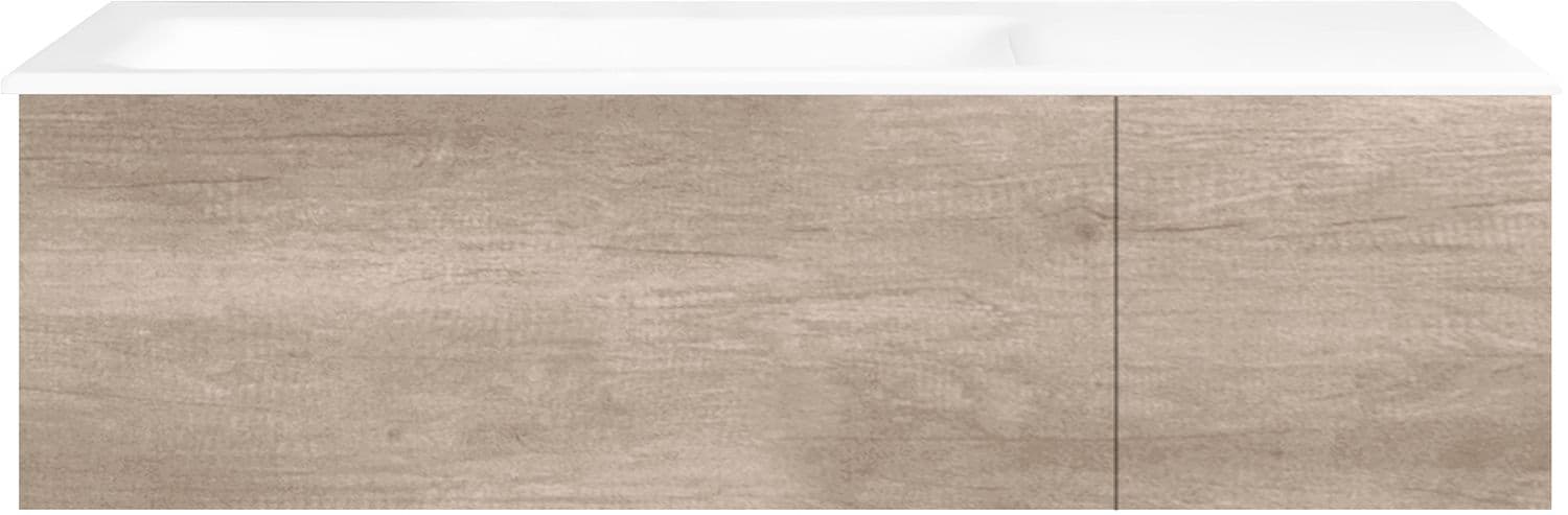 SOUS MEUBLE COFFEE 2 TIROIRS 110 CHENE DECOR FLANELLE +LAVABO GAUCHE PORCEL.SNS TROU ROBINET BLANC