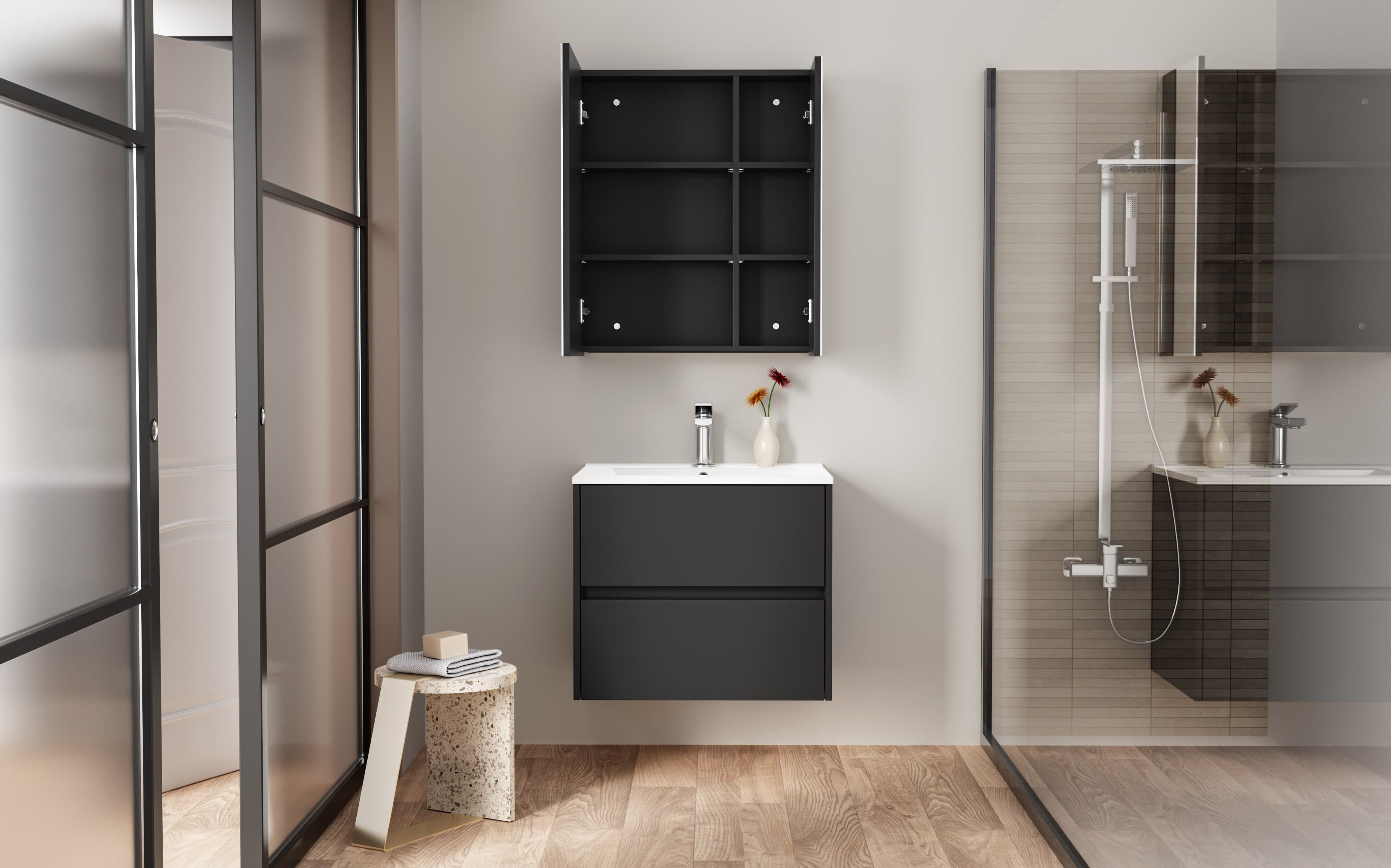 ALONI HAYAT MEUBLE SOUS-VASQUE - 2 TIROIRS - SANS POIGNEE - SOFT CLOSE – 59,5X50X45 CM - NOIR MAT