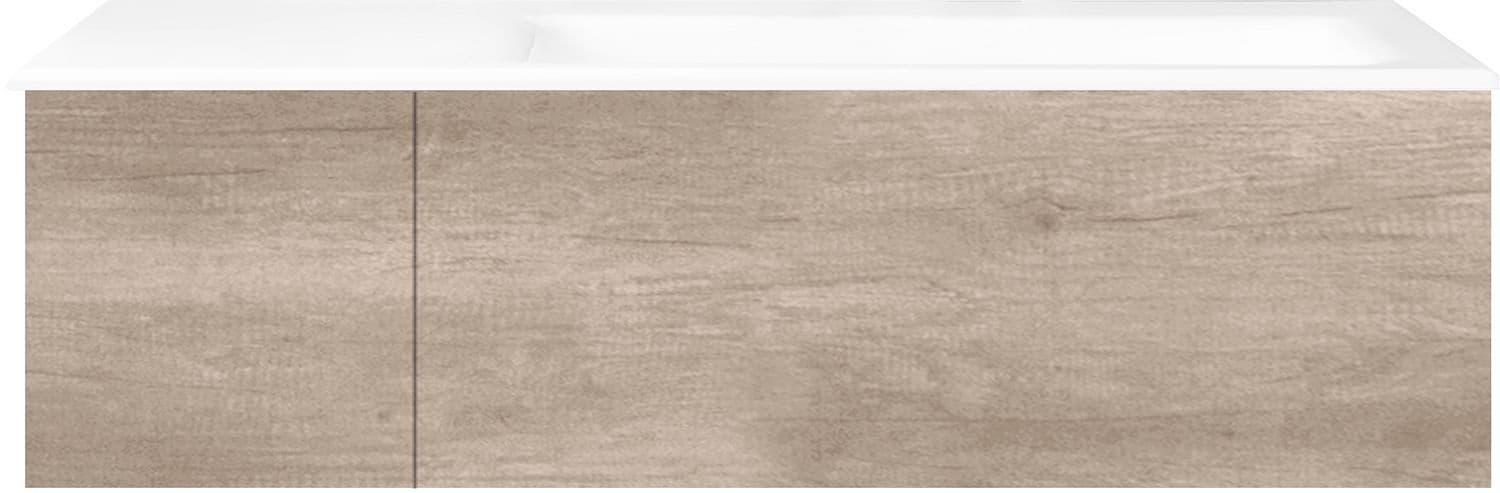 SOUS MEUBLE COFFEE 2 TIROIRS 110 CHENE DECOR FLANELLE +LAVABO DROITE PORCEL.SNS TROU ROBINET BLANC