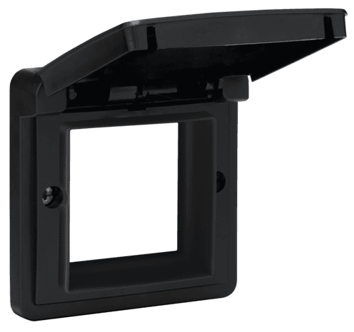 Cadre d’adaptation avec clapet pour fonctions 45 x 45 mm dans des boîtes de montage étanches, couleur noir