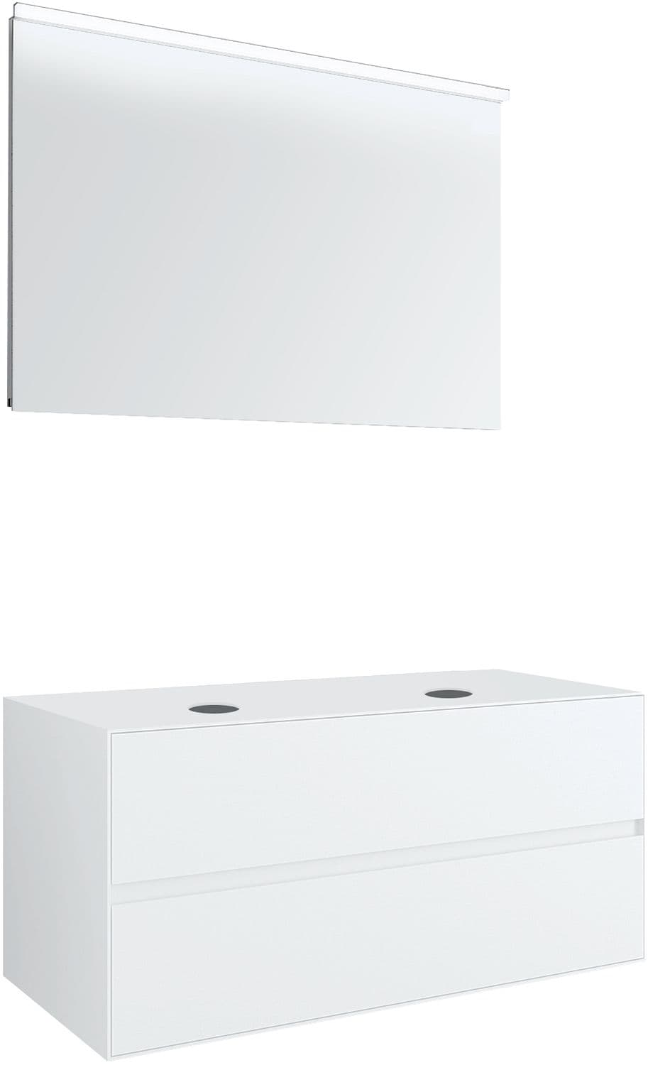 MEUBLE 2 TIROIRS+ TABLET POUR 2 LAVABOS A POSER TENSO 120CM SANS TROUS ROBINETS BLANC AVEC MIROIR