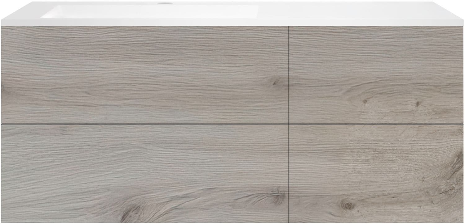 SOUS MEUBLE COFFEE 4 TIROIRS 140 CHENE ARGENT+LAVABO GAUCHE EN MARBRE SYNTHETIQUE BLANC