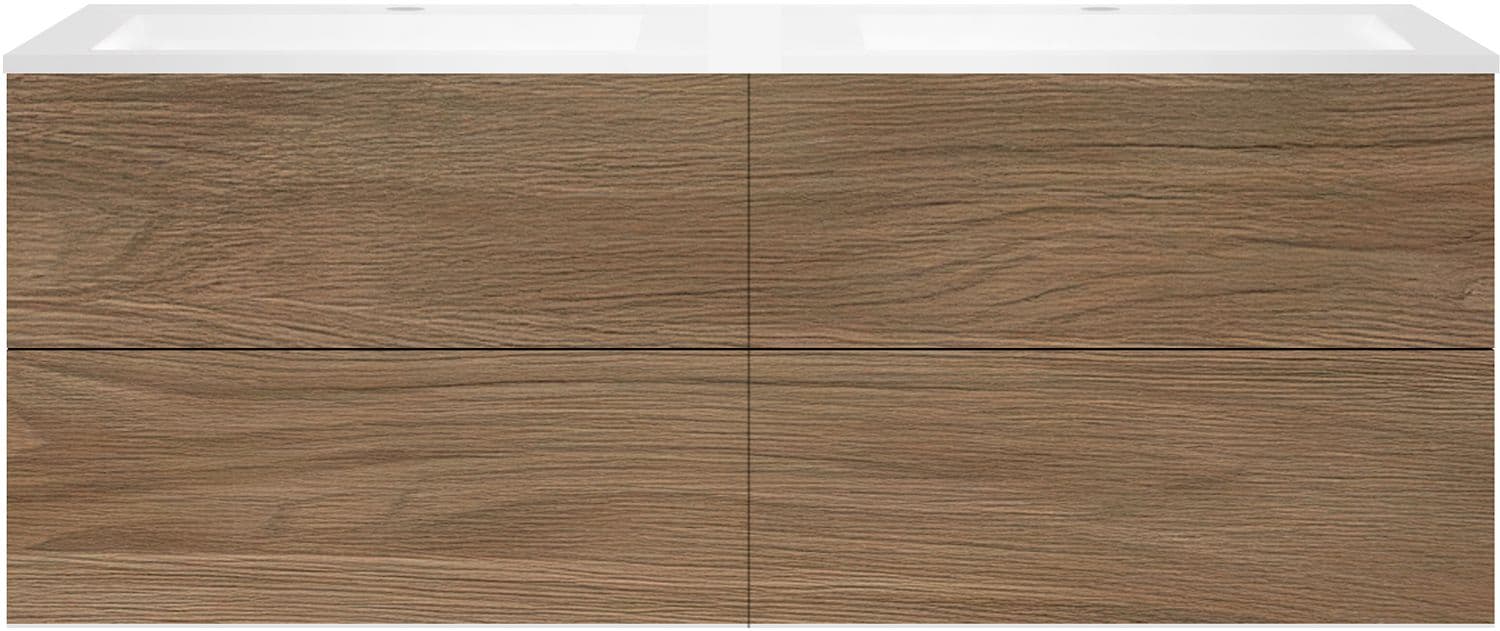 SOUS MEUBLE COFFEE 4 TIROIRS 160 DUO CHENE CARAMELLE +DOUBLE LAVABO EN MARBRE SYNTHETIQUE BLANC MAT