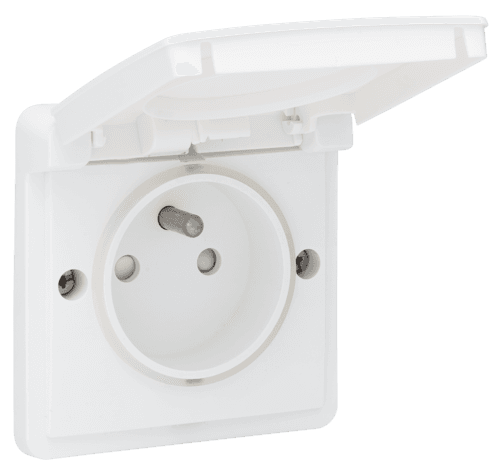 Prise de courant étanche aux projections d'eau 16 A avec broche de terre, obturateurs de protection et bornes à connexion rapide, couleur blanc