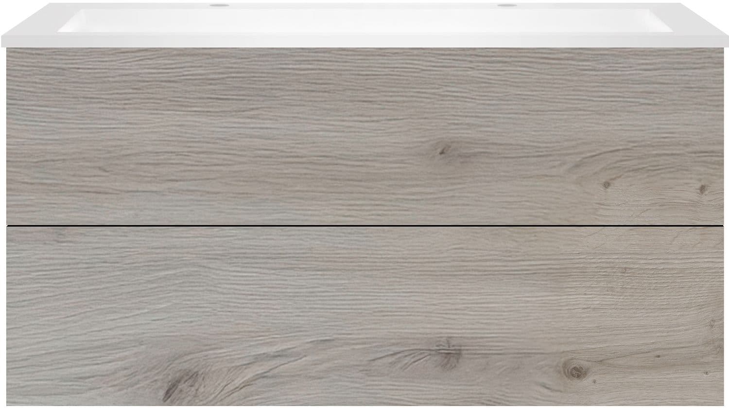 SOUS MEUBLE COFFEE 2 TIROIRS 120 CHENE ARGENT + LAVABO 2 TROUS ROBINET EN MARBRE SYNTHETIQUE BL.M
