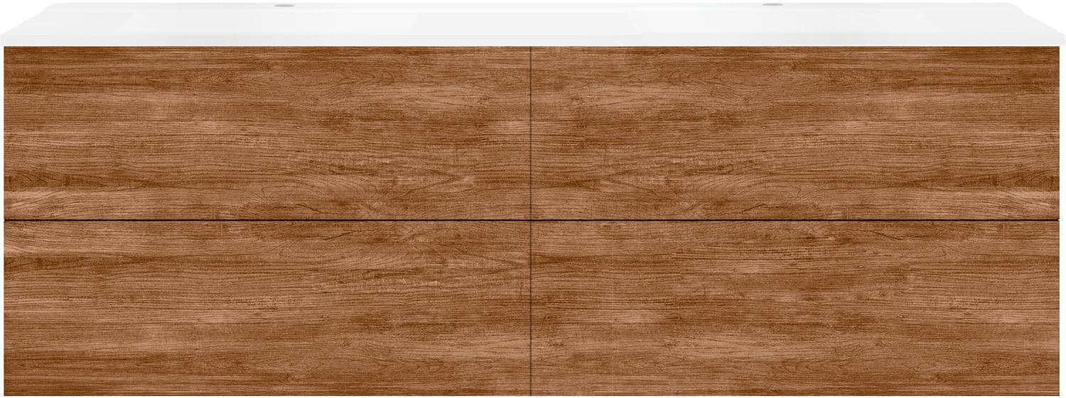 SOUS MEUBLE COFFEE 4 TIROIRS 180 DUO TECTONA DECOR CANNELLE +DOUBLE LAVABO BLANC MAT