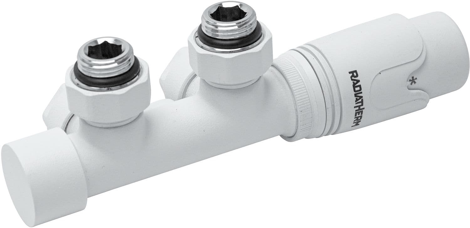 D-DESIGN KIT DE ROBINET RADIATEUR THERMOSTATIQUE BITUBE/MONOTUBE +RACCORD 16MM EQUERRE BLANC MAT