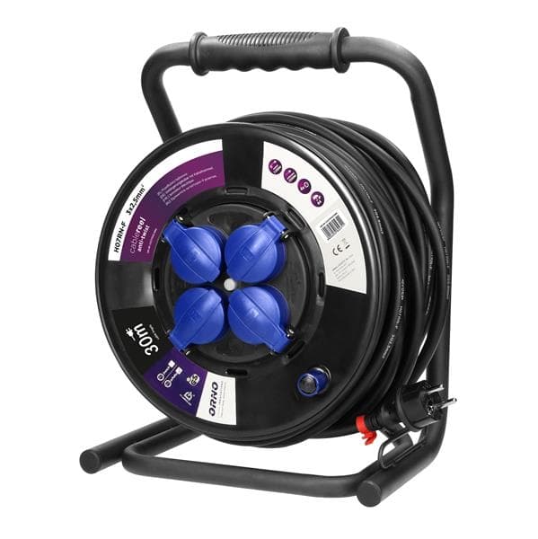 Enrouleur de câble avec 4 prises fixes, 30 m, Schuko IP44, 4 prises 2 pôles + T, cordon en caoutchou