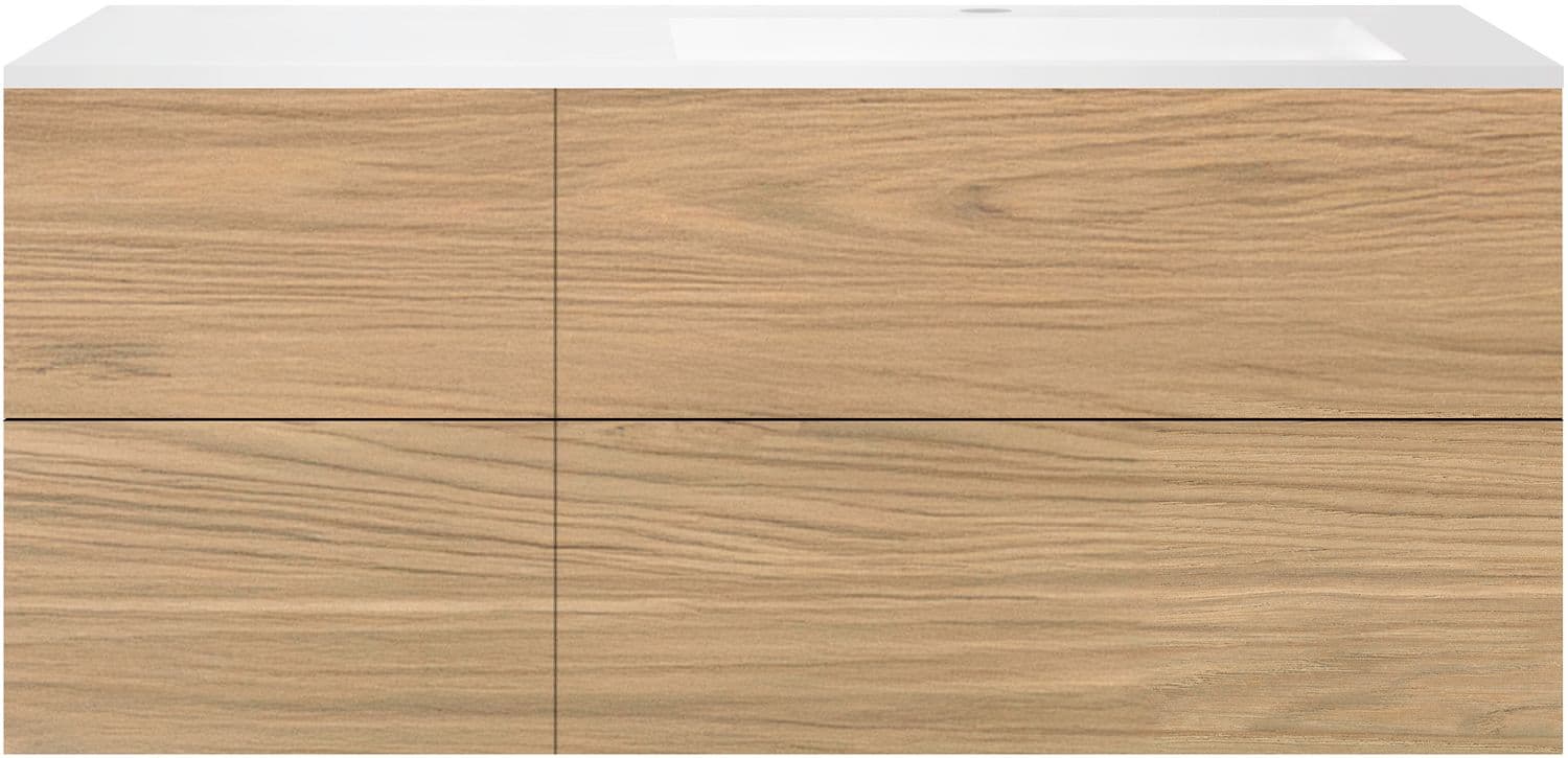 SOUS MEUBLE COFFEE 4 TIROIRS 140 CHENE CLASSIQUE +LAVABO DROITE EN MARBRE SYNTHETIQUE BLANC MAT