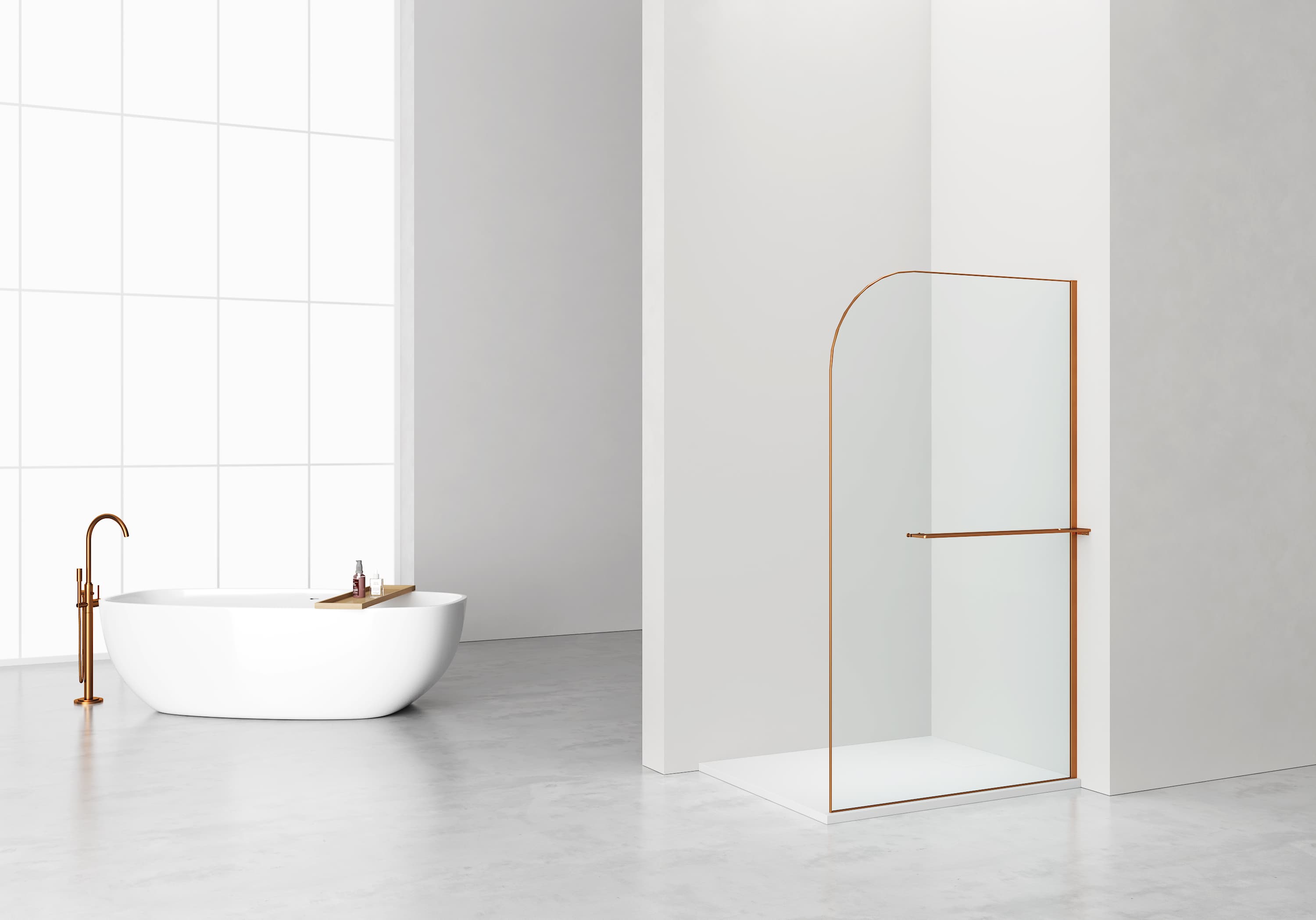 CURVY DOUCHE À L'ITALIENNE AVEC PORTE-SERVIETTE - COURBÉE - TRAITEMENT ANTI-CALCAIRE - RÉVERSIBLE - VERRE DE SÉCURITÉ 8MM - 120X200CM - CUIVRE BROSSÉ - VERRE CLAIR