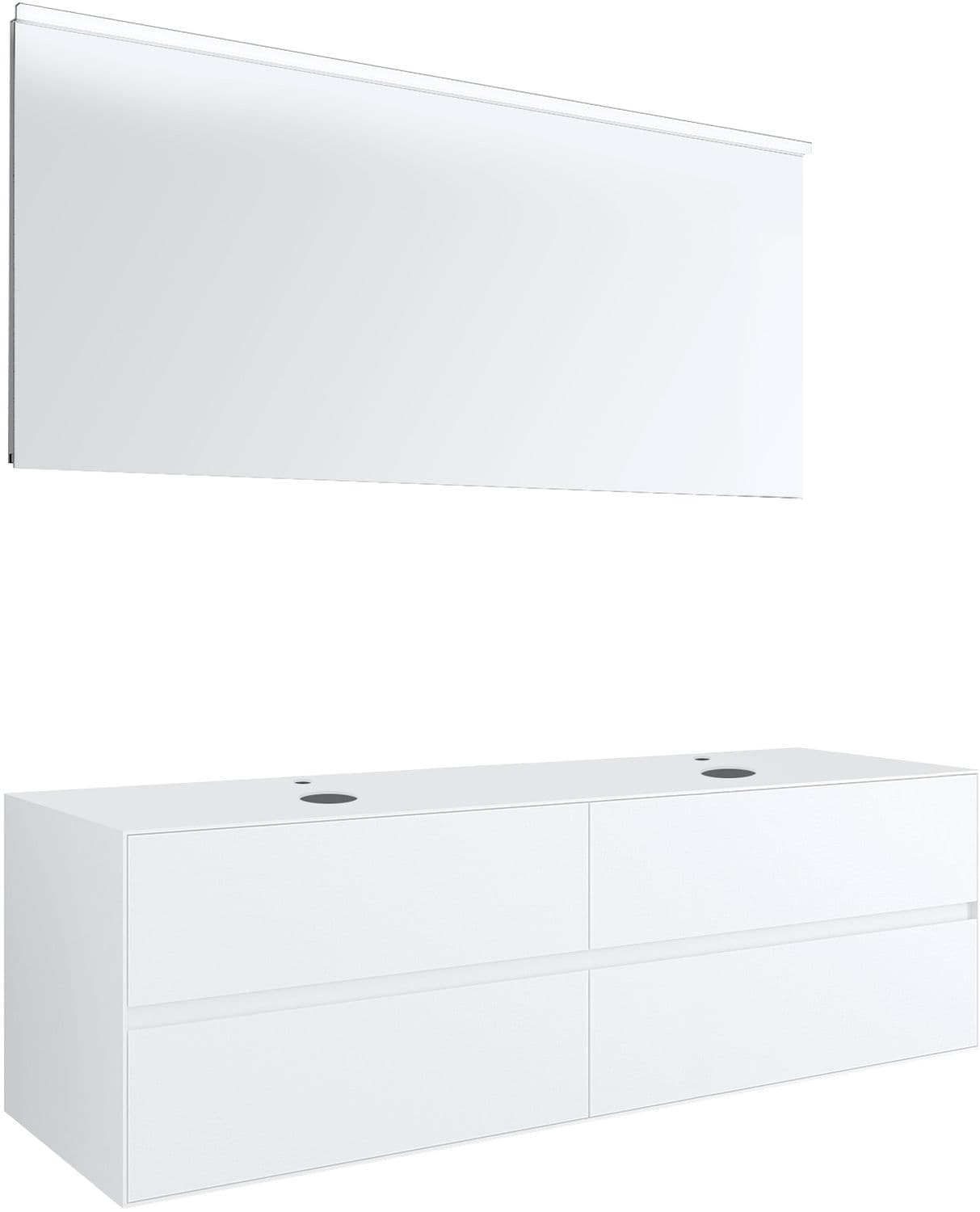MEUBLE 4 TIROIRS+ TABLET POUR 2 LAVABOS A POSER TENSO 160CM +TROUS ROBINETS BLANC AVEC MIROIR