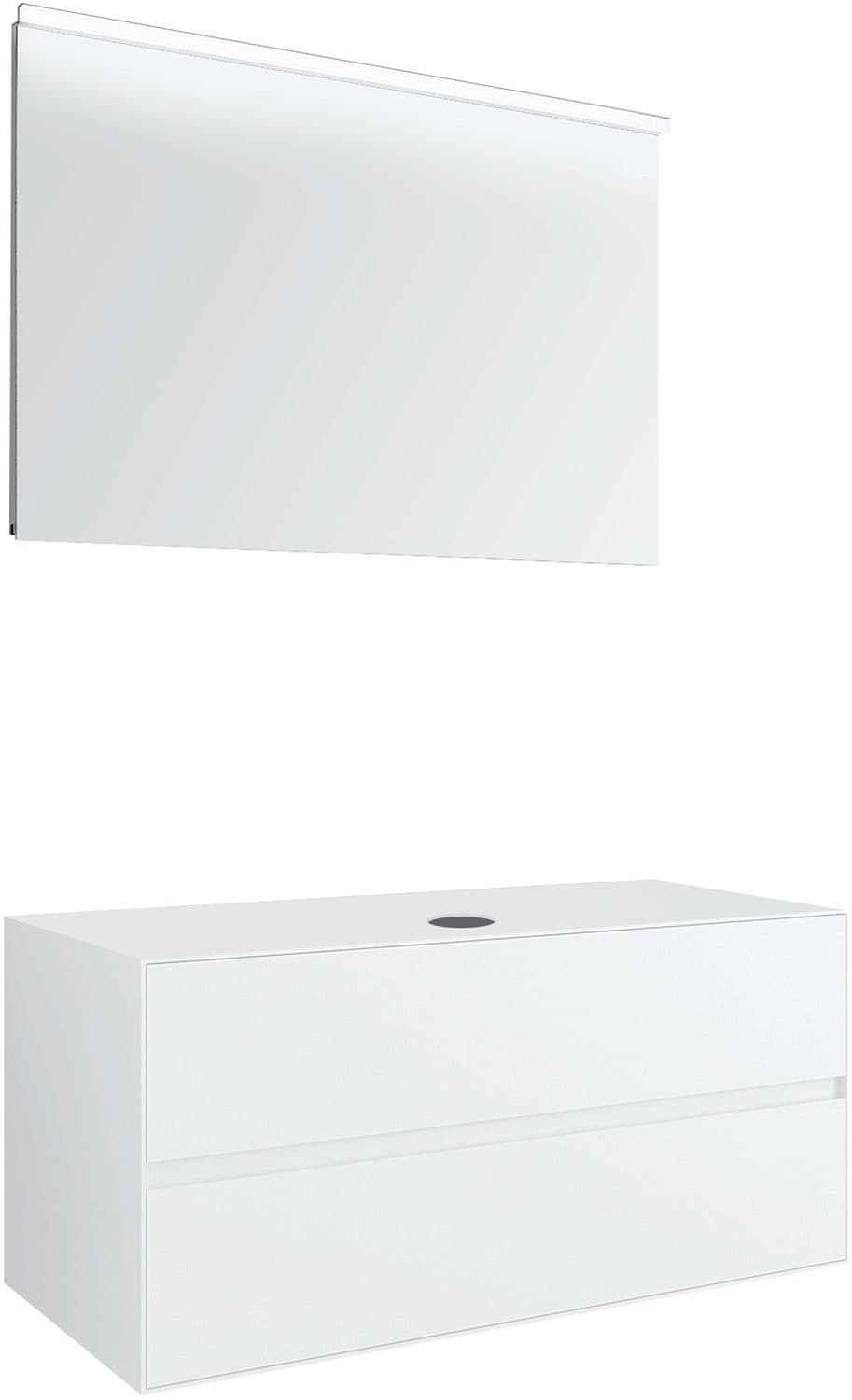 MEUBLE 2 TIROIRS+ TABLET POUR LAVABO A POSER CENTRAL TENSO 120CM TENSO SANS TROU ROBINET BLANC AVEC MIROIR