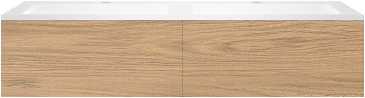 SOUS MEUBLE COFFEE 2 TIROIRS 140 CHENE CLASSIQUE +DOUBLE LAVABO EN MARBRE SYNTHETIQUE BLANC