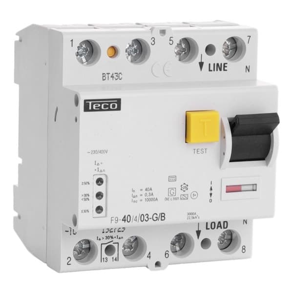 Interrupteur différentiel 4 pôles 40A 300mA type B pouvoir de coupure 10kA