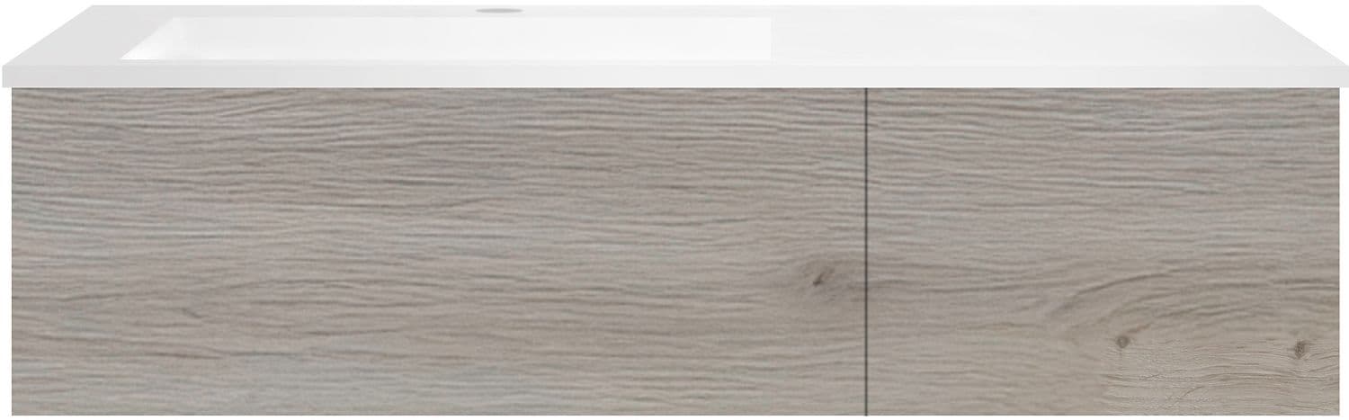 SOUS MEUBLE COFFEE 2 TIROIRS 120 CHENE ARGENT+LAVABO GAUCHE EN MARBRE SYNTHETIQUE BLANC