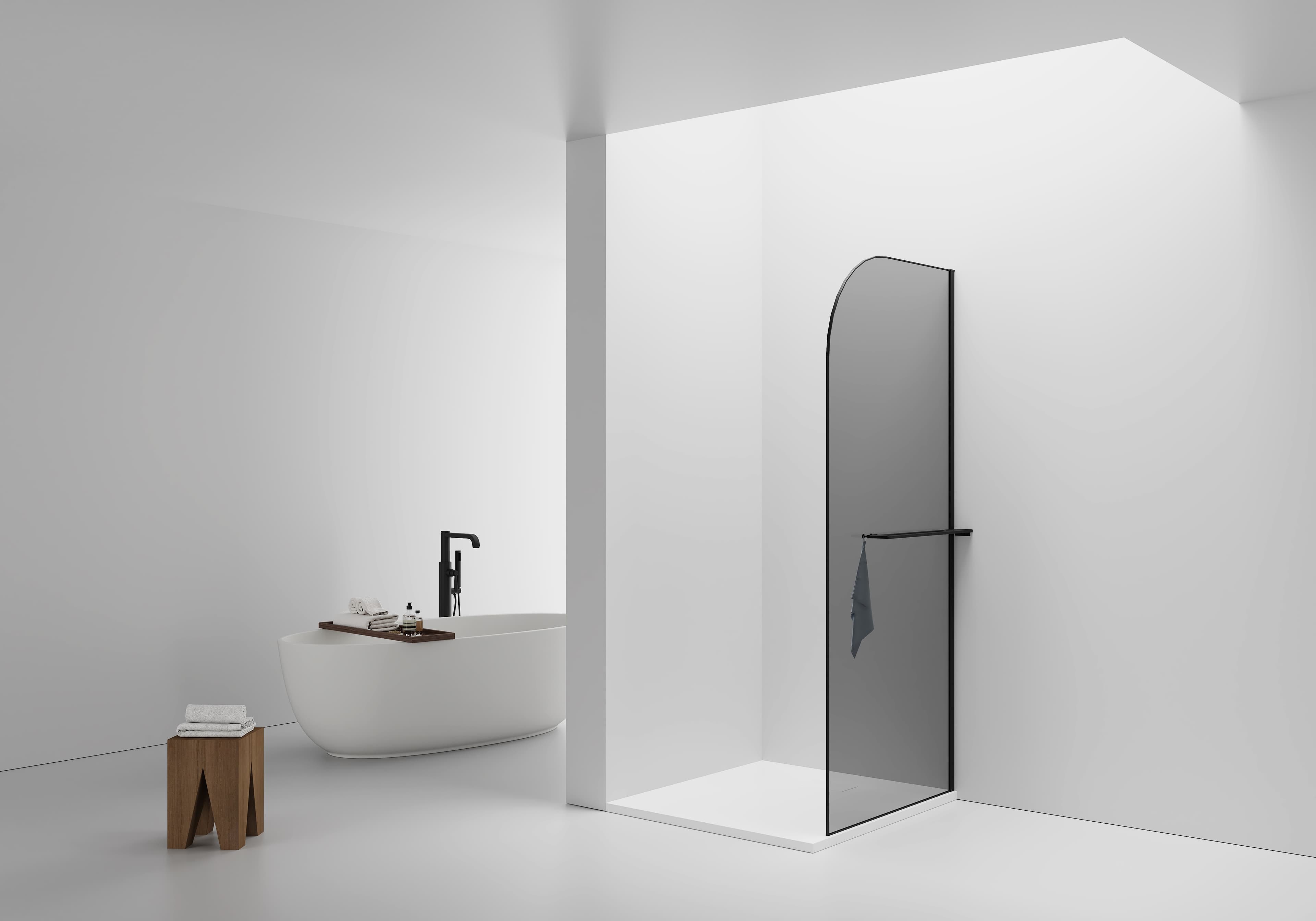 CURVY DOUCHE À L'ITALIENNE AVEC PORTE-SERVIETTE - COURBÉE - TRAITEMENT ANTI-CALCAIRE - RÉVERSIBLE - VERRE DE SÉCURITÉ 8MM - 100X200CM - NOIR MAT - VERRE GRIS FUMÉ