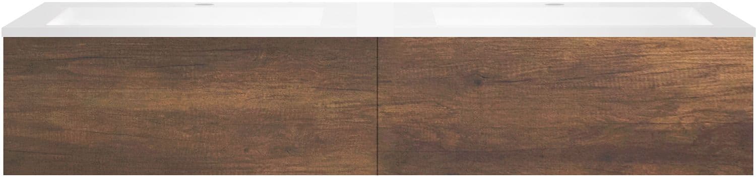 SOUS MEUBLE COFFEE 2 TIROIRS 160 DUO CHENE ROUILLE +DOUBLE LAVABO EN MARBRE SYNTHETIQUE BLANC MAT