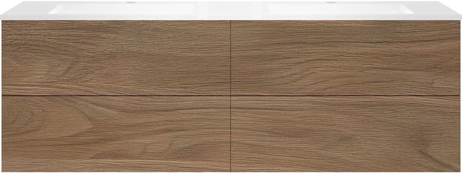 SOUS MEUBLE COFFEE 4 TIROIRS 180 DUO CHENE CARAMELLE +DOUBLE LAVABO BLANC MAT
