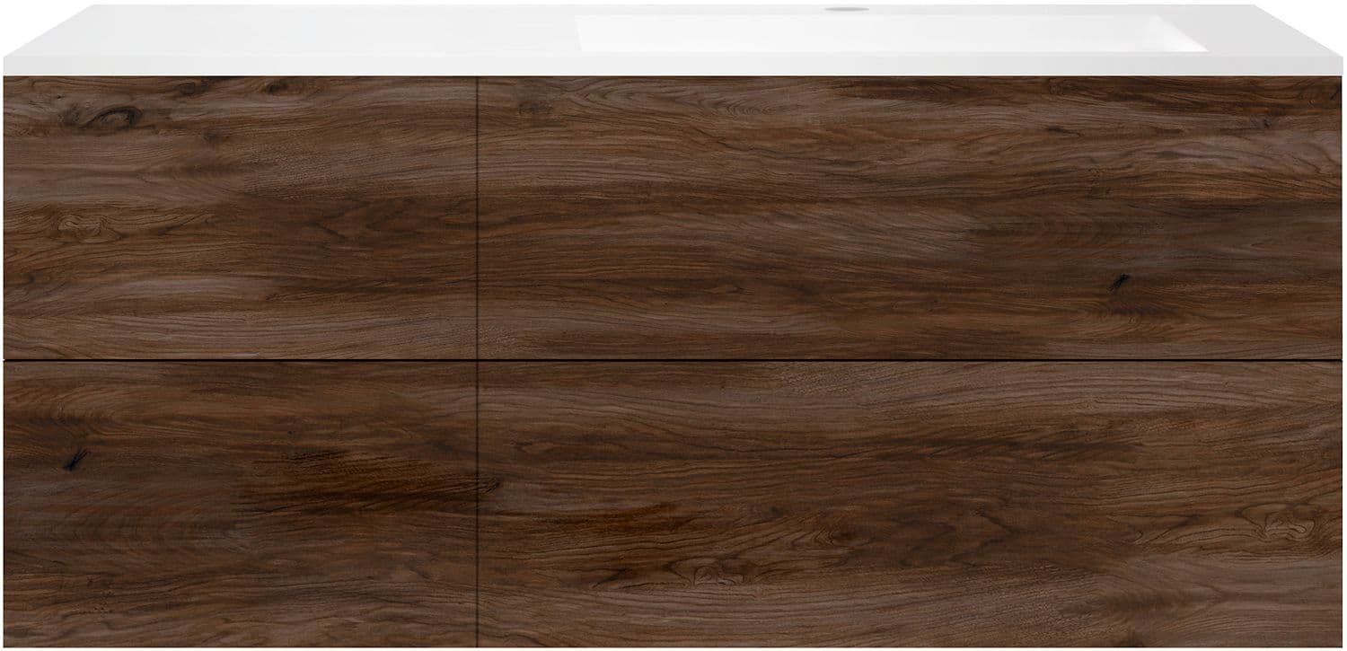 SOUS MEUBLE COFFEE 4 TIROIRS 140 NOYER VELOURS+LAVABO DROITE EN MARBRE SYNTHETIQUE BLANC