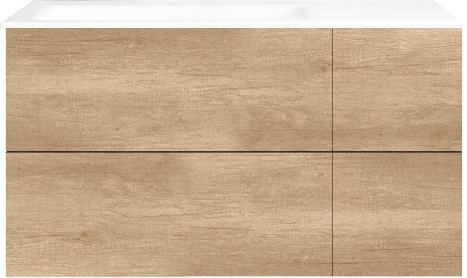 SOUS MEUBLE COFFEE 4 TIROIRS 110 CHENE DECOR CACHMIRE +LAVABO GAUCHE PORCEL.SNS TROU ROBINET BLANC