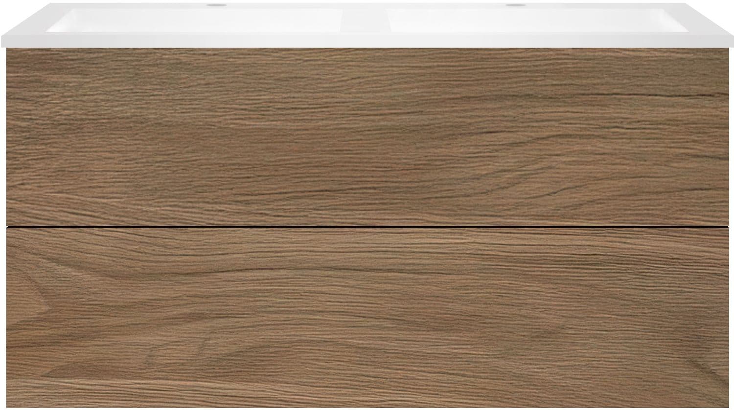 SOUS MEUBLE COFFEE 2 TIROIR 120 DUO CHENE CARAMELLE + LAVABO DOUBLE EN MARBRE SYNTHETIQUE BLANC MAT