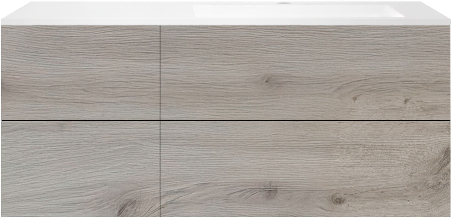 SOUS MEUBLE COFFEE 4 TIROIRS 140 CHENE ARGENT+LAVABO DROITE EN MARBRE SYNTHETIQUE BLANC