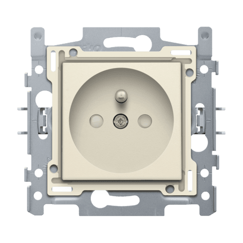 Prise de courant avec broche de terre et obturateurs de protection, profondeur d’encastrement de 28,5 mm, socle avec bornes à vis et set de finition, fixation par griffes, couleur cream