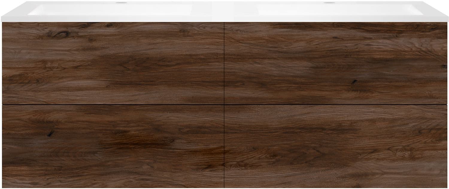 SOUS MEUBLE COFFEE 4 TIROIRS 160 DUO NOYER VELOURS +DOUBLE LAVABO EN MARBRE SYNTHETIQUE BLANC MAT