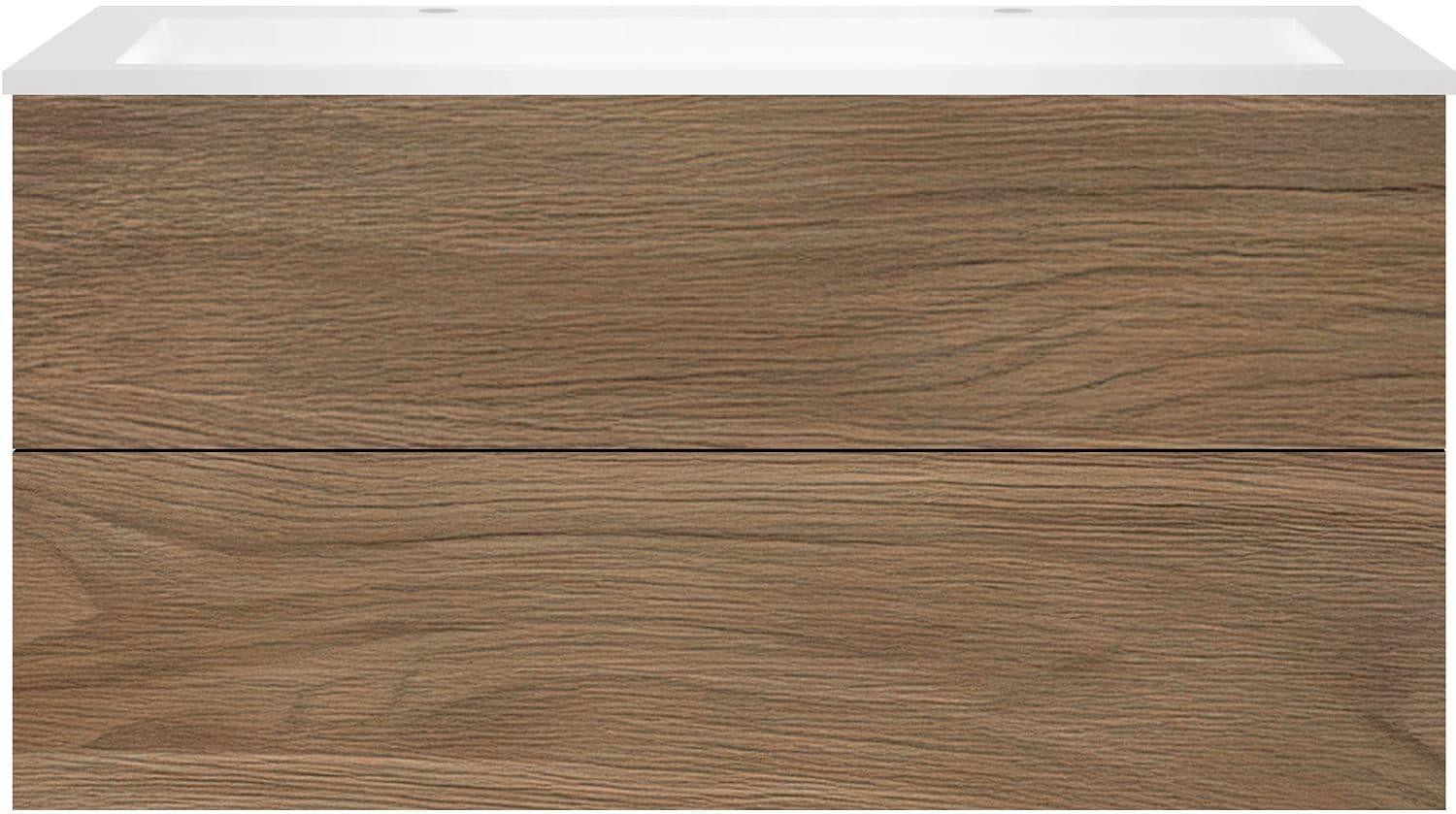 SOUS MEUBLE COFFEE 2 TIROIRS 120 CHENE CARAMELLE + LAVABO 2 TROUS ROBINET EN MARBRE SYNTHETIQUE BL