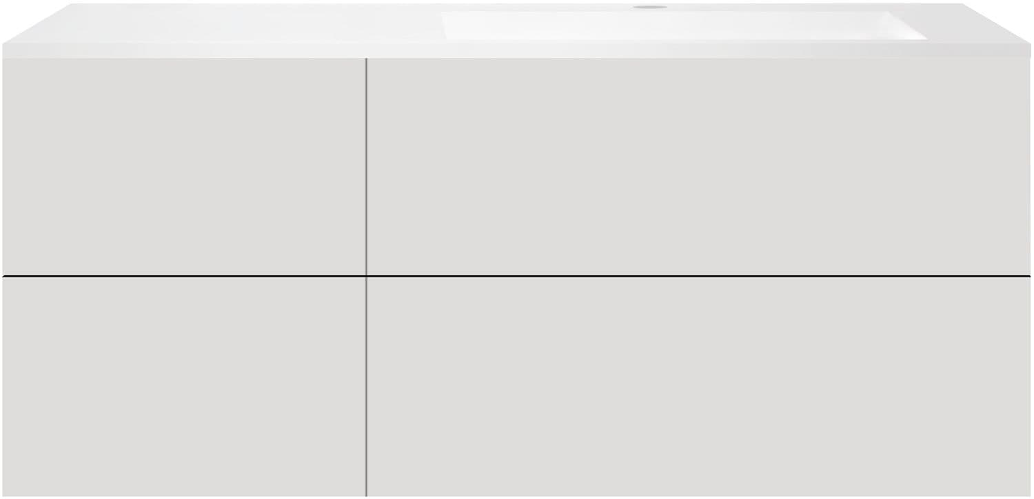 SOUS MEUBLE COFFEE 4 TIROIRS 140 GRIS VELOURS MAT+LAVABO DROITE EN MARBRE SYNTHETIQUE BLANC MAT