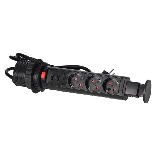 Prise de bureau escamotable Ø 6cm avec chargeurs Usb et câble de 1,8m 3 x prises 16A 3680W IP20