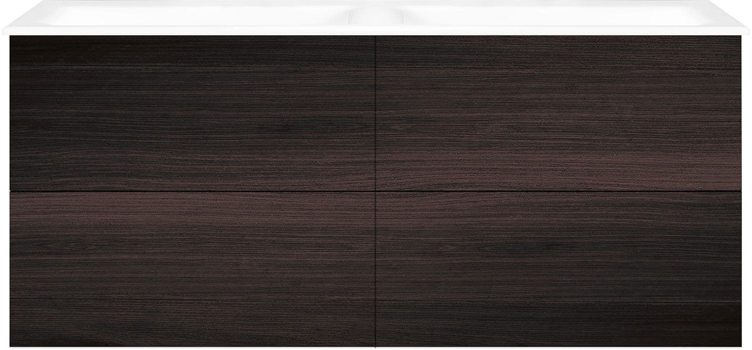 SOUS MEUBLE COFFEE 4 TIROIRS 140 DUO CHENE DECOR MOKKA +DOUBLE LAVABO PORCEL.SNS TROU ROBINET BLANC