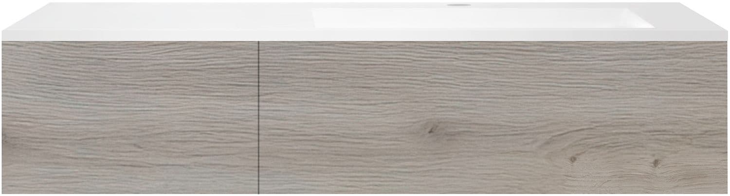 SOUS MEUBLE COFFEE 1 TIROIR 140 CHENE DECOR ARGENT+LAVABO EN MARBRE SYNTHETIQUE GAUCHE BLANC MAT